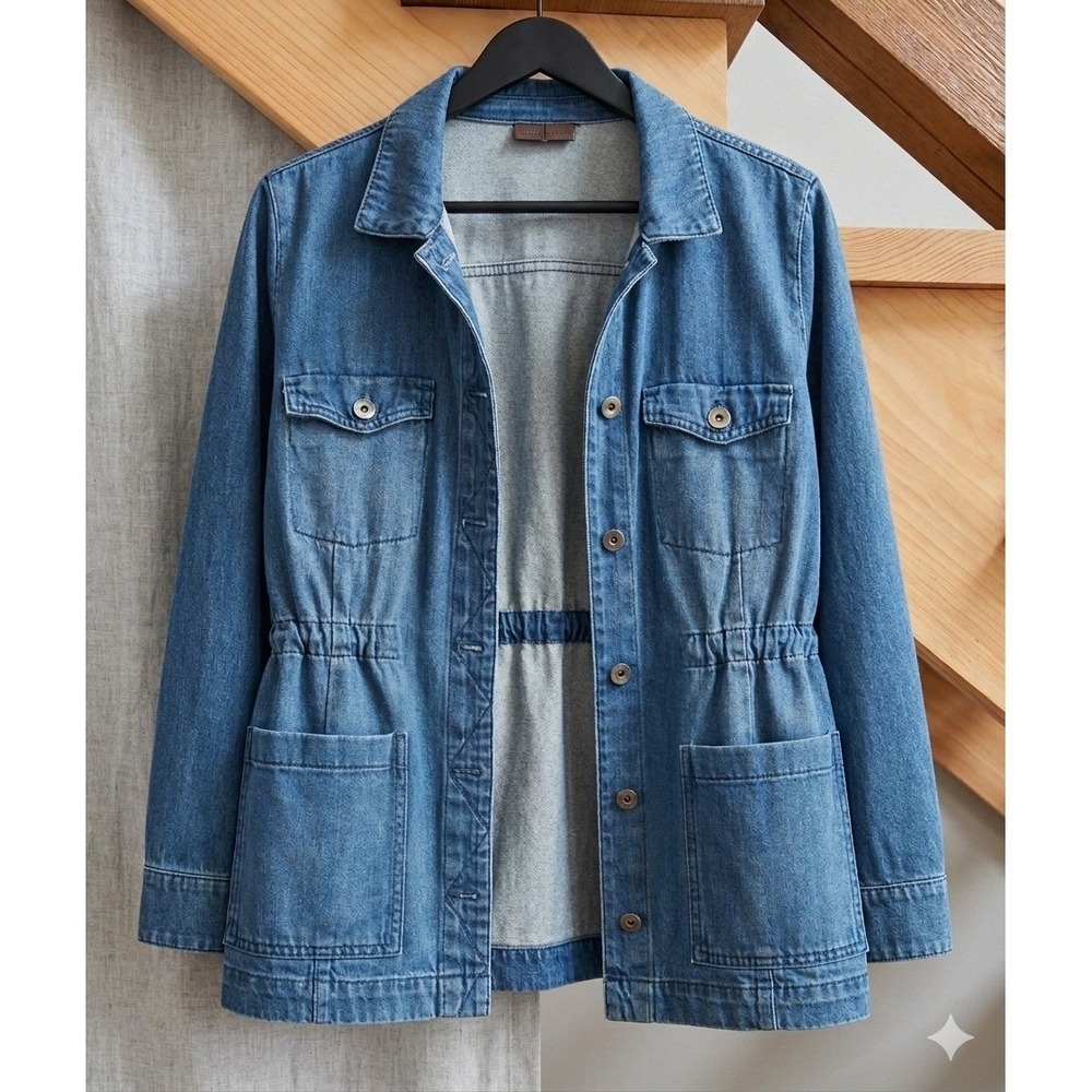 J. Jill Denim Utility Field Jacket Medium Wash Blue Button Front Petite Sz Small